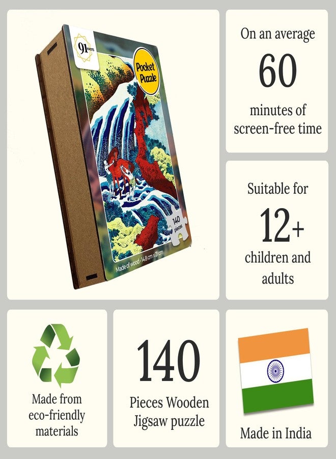 91Knots - The Yoshitsune Horse-Washing Falls Wooden Jigsaw Puzzle (140 Pieces) for Adults and Kids | Japanese Ukiyo-e Artwork | Brain Booster Games & Toys | Ideal for Gifts - Image 3